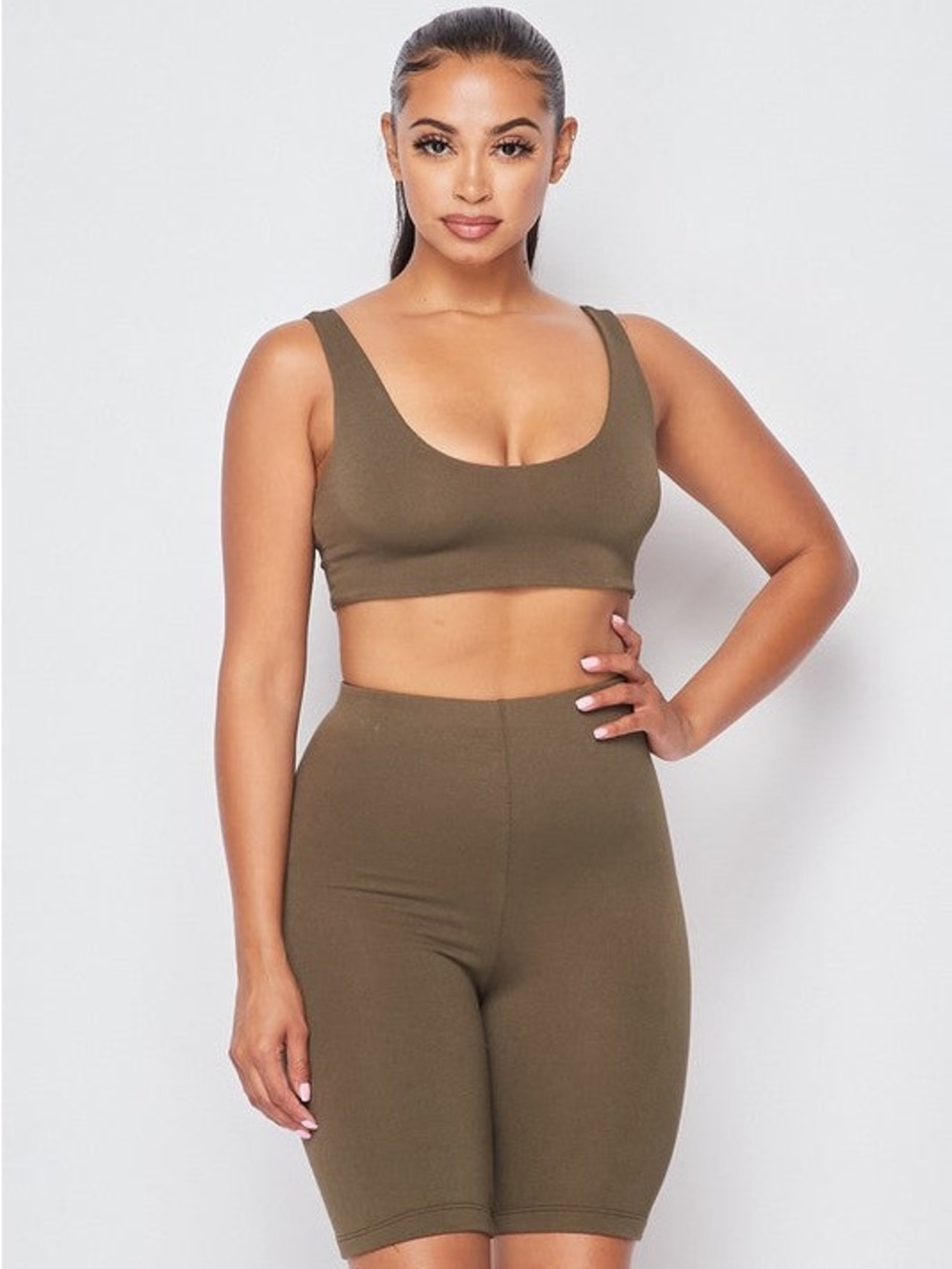 Olive Green Scoop Sports Bra & Bike Short Set